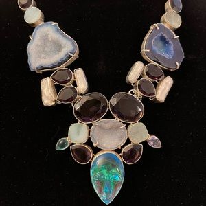 Silver druzy/amethyst/pearl/moonface necklace 18”